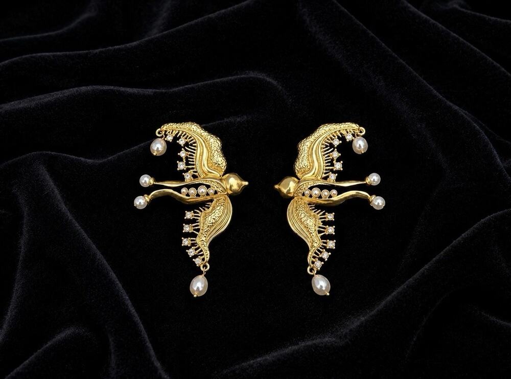 Baroque Gold VTG Bird Pearl Earrings Museum Revival Boho Victorian Cottagecore